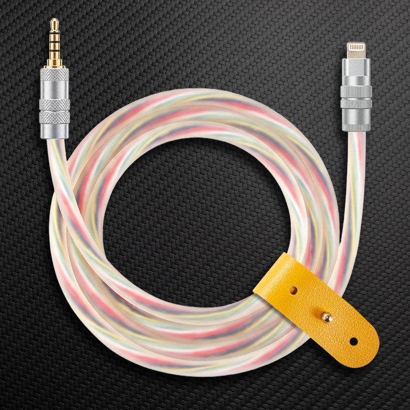 Clear luminous rainbow 3.5mm to Lightning audio cable with yellow leather strap