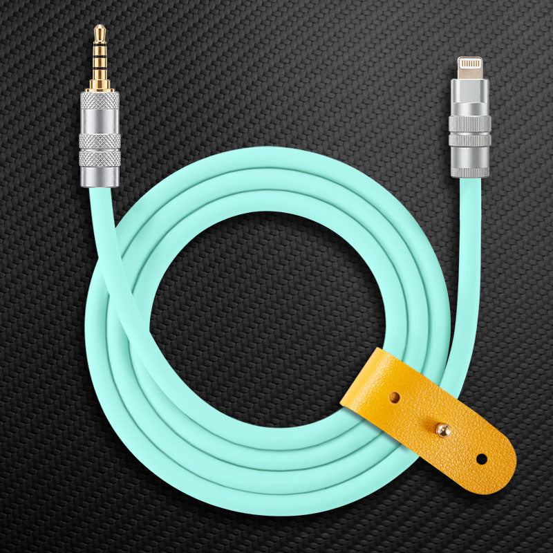 Mint green Lightning to 3.5mm audio aux cable with yellow leather strap