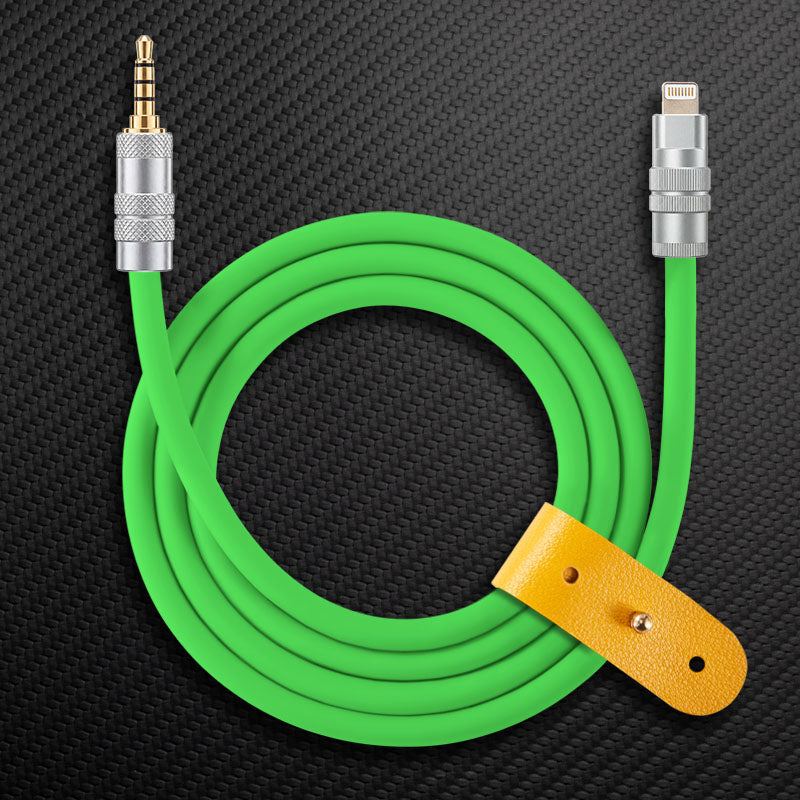 Green Lightning to 3.5mm audio aux cable with yellow leather strap