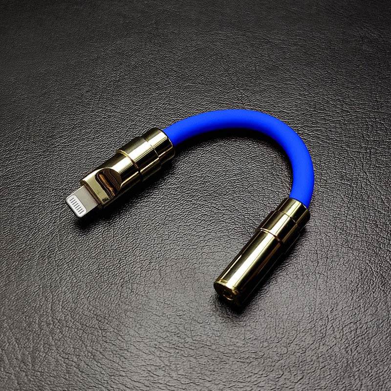 Royal blue Lightning to 3.5mm aux adapter with gold metallic connector