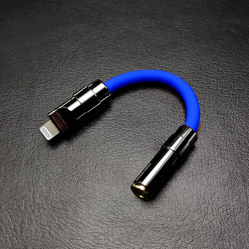 Royal blue Lightning to 3.5mm audio adapter cable with black metal finish