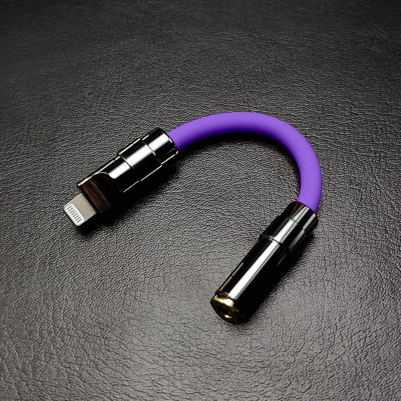 Purple Lightning to 3.5mm headphone adapter with black chrome metal housing