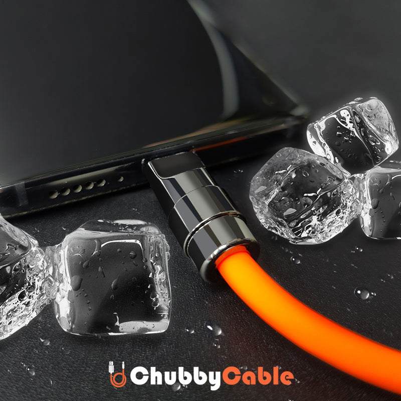 Close-up of ChubbyCable USB-C connector on a smartphone surrounded by ice cubes.
