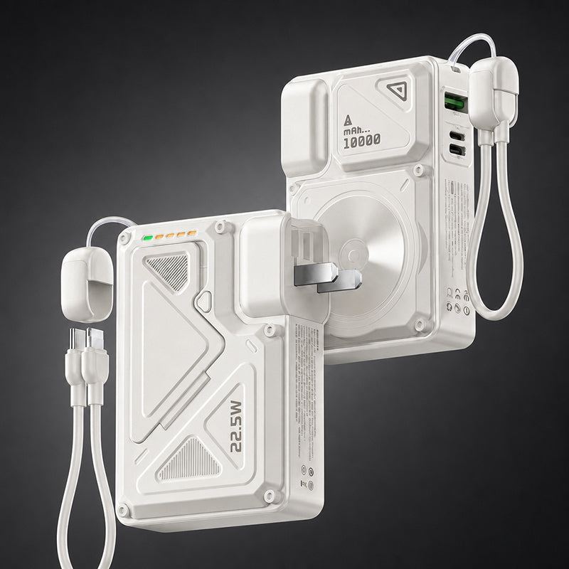 Two 10000mAh portable power banks with built-in plugs and charging cables.