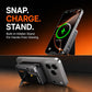 Magnetic power bank with a hidden stand charging a phone.
