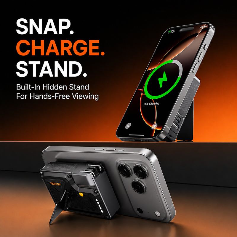 Magnetic power bank with a hidden stand charging a phone.
