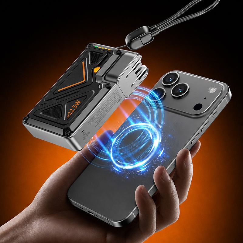 Magnetic wireless power bank charging a smartphone.