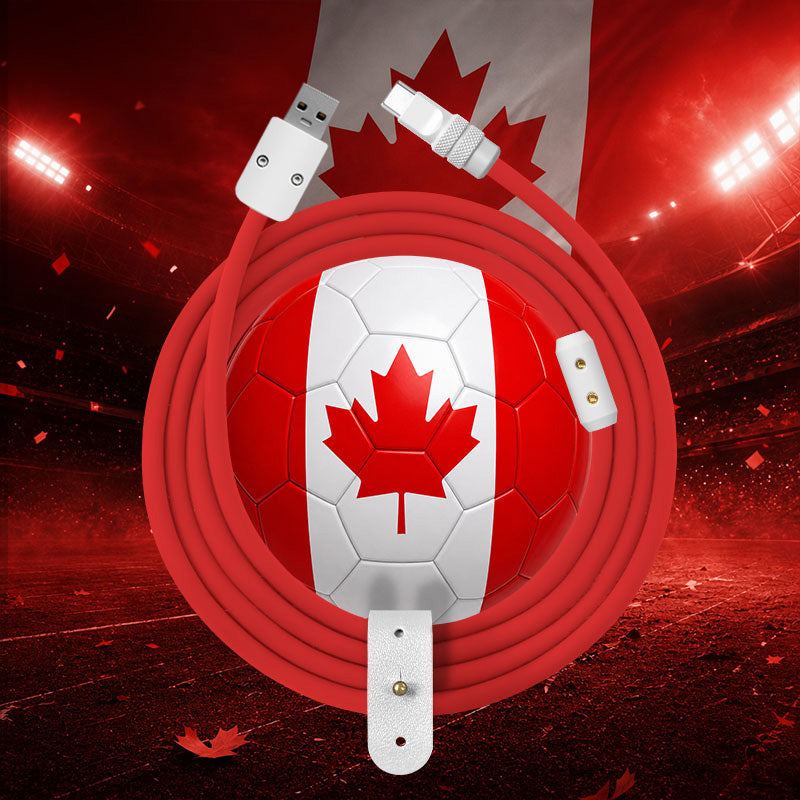 Red Type-C charging cable coiled around a Canada flag soccer ball
