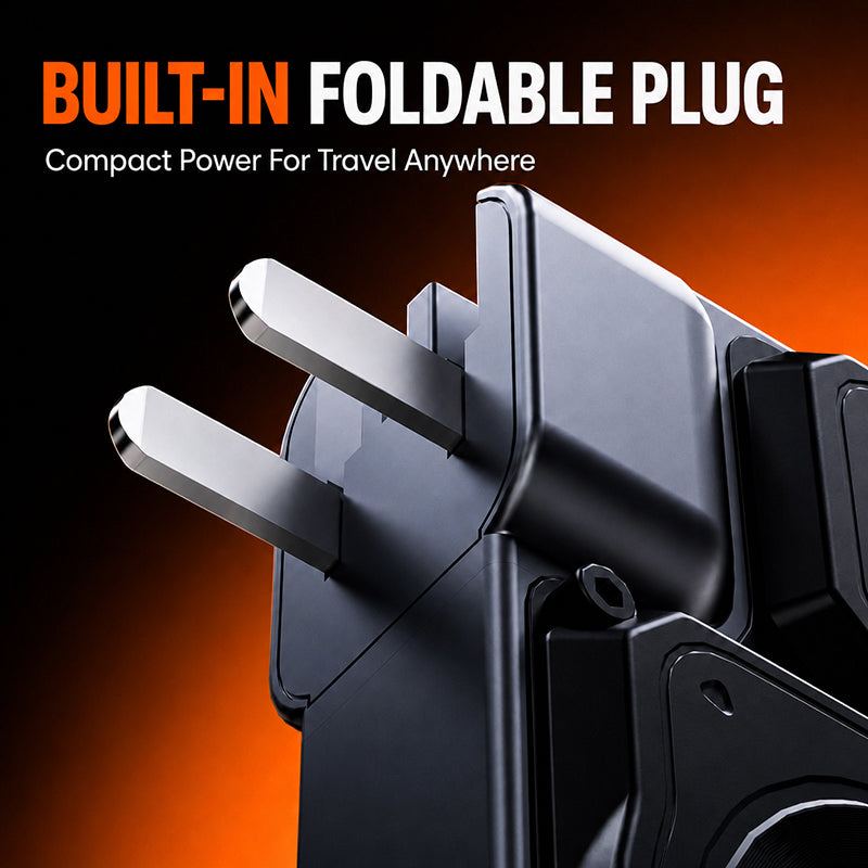 Close-up of the built-in foldable AC plug on a portable power bank.