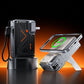 Portable power bank charging a smartphone wirelessly with a built-in stand.