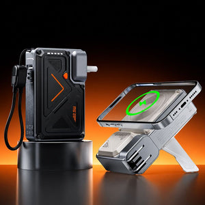 Portable power bank charging a smartphone wirelessly with a built-in stand.